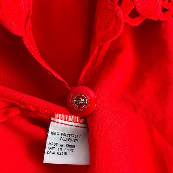 Vintage Paris Red Silky Open Blouse Sheer Plunging Neckline Embroidered Collar S - Picture 10 of 10